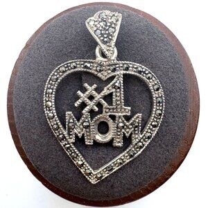 VTG Sterling Silver 925 Marcasite Number One Mom Heart Pendant Size 1.5" Length